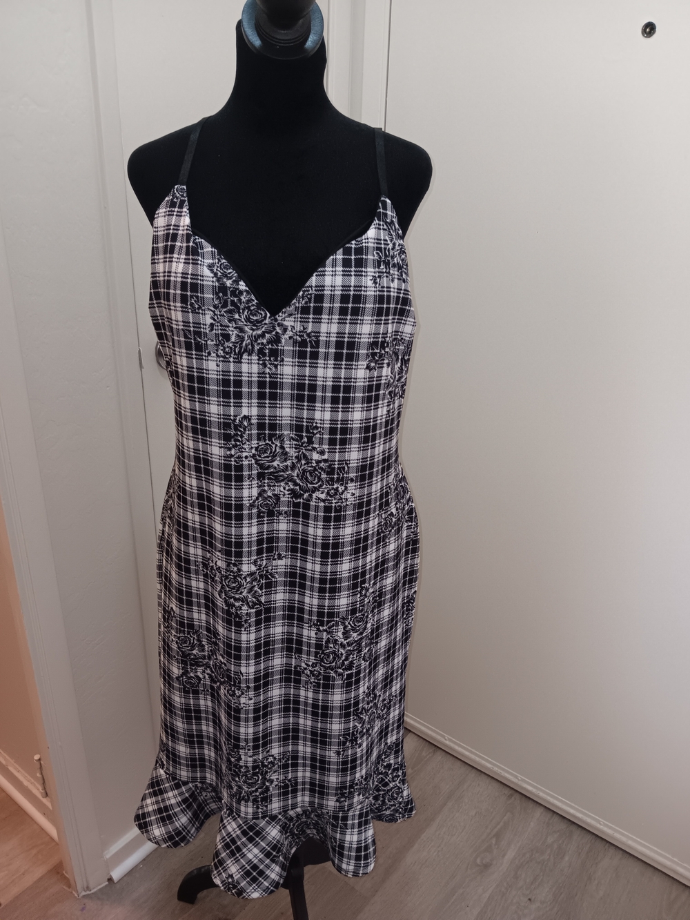 Plaid Slip Midi Dress with Floral Detail - Black & White